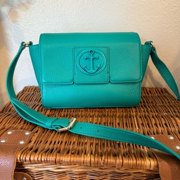 Talbots Green Pebble Leather Crossbody Handbag Purse Anchor Coastal Colorful - Picture 2 of 13